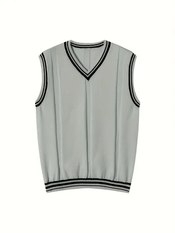 Chaleco de Punto de Estilo Preppy para Hombre con Cuello en V Sin Mangas y Ribete de Rayas en Contraste Top