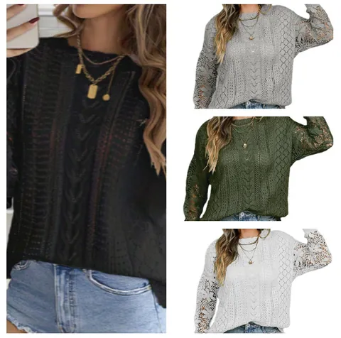 Women's Casual Acrylic Knit Sweater Lace Floral Hollow Out Long Flare Sleeve Solid Color Round Neck Commuter Pullover Top