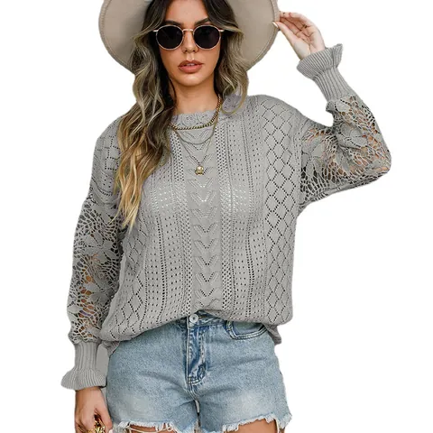 Women's Casual Acrylic Knit Sweater Lace Floral Hollow Out Long Flare Sleeve Solid Color Round Neck Commuter Pullover Top