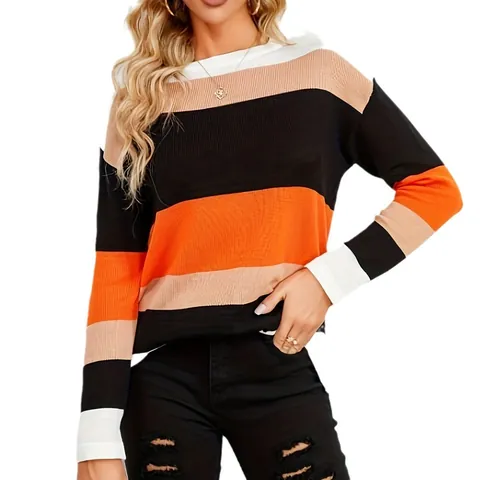 Women Color Block Knitted Pullover Sweater Round Neck Long Sleeve Patchwork Stripe Casual Knit Jumper Top Autumn Winter