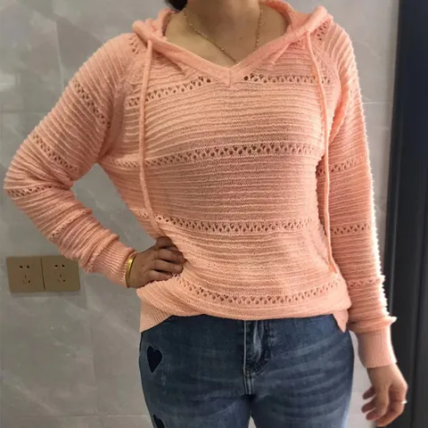 Suéter con Capucha a Rayas Casual para Mujer Jersey de Punto de Acrílico Fino Top de Manga Larga en Contraste Otoño