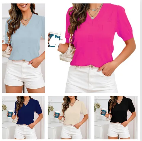 Dames Viscose V-hals Pofmouw Gebreid T-shirt Casual Losse Geribbelde Textuur Korte Mouw Top Mode Lichtgewicht Pullover