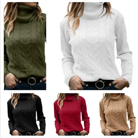 Suéter de Cuello Alto de Punto Retro para Mujer Vintage Holgado Manga Larga Color Sólido Jersey de Acrílico Grueso Casual