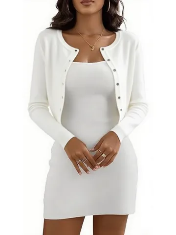 Damen Lässig Polyacryl Strickjacke Kurz geschnitten Einreihig Rundhalsausschnitt Langarm Einfarbig Strickpullover Top