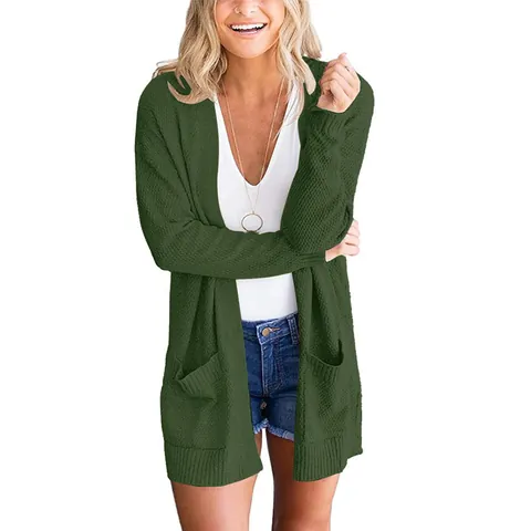 Women Waffle Knit Cardigan Sweater Loose Long Sleeve Open Front Outerwear With Pockets Solid Color Acrylic Casual Top