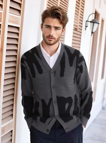 Men's Casual Knitted Cardigan Sweater V-Neck Button Up Jacket With Abstract Graffiti Jacquard Loose Fit Knitwear Coat