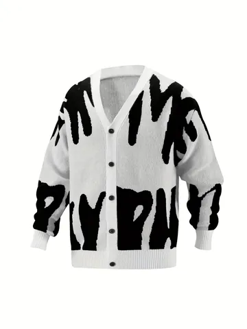 Men's Casual Knitted Cardigan Sweater V-Neck Button Up Jacket With Abstract Graffiti Jacquard Loose Fit Knitwear Coat