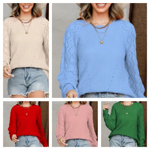 Women Acrylic Hollow Out Diamond Pattern Knit Sweater Round Neck Long Sleeve Pullover Autumn Winter Fashion Casual Top