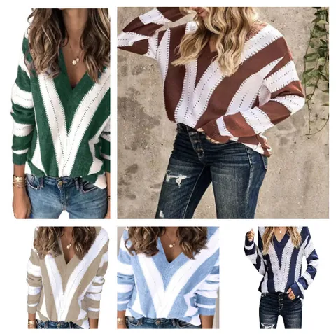 Suéter de Punto a Rayas Color Block para Mujer Cuello en V Manga Larga Holgado Jersey de Poliéster
