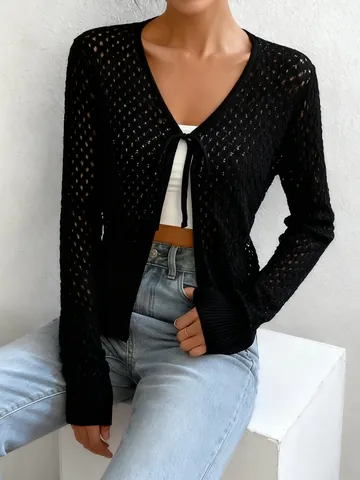 Cárdigan de Punto de Poliéster Casual para Mujer Manga Larga Calada Lazo Delantero Cuello en V Suéter Fino Primavera Verano
