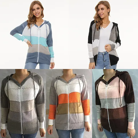 Women Plus Size Striped Hooded Knit Cardigan Long Sleeve Zipper Distressed Hollow Out Acrylic Sweater Coat Outerwear Casual