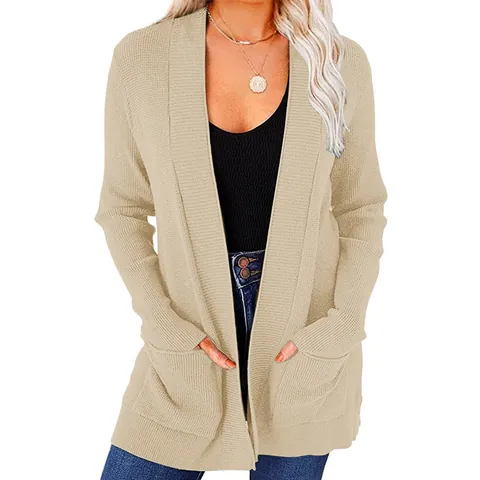 Dames Acryl Gebreid Vest Effen Kleur Open Voorkant Trui Met Zakken Halflang Casual Lange Mouw Top