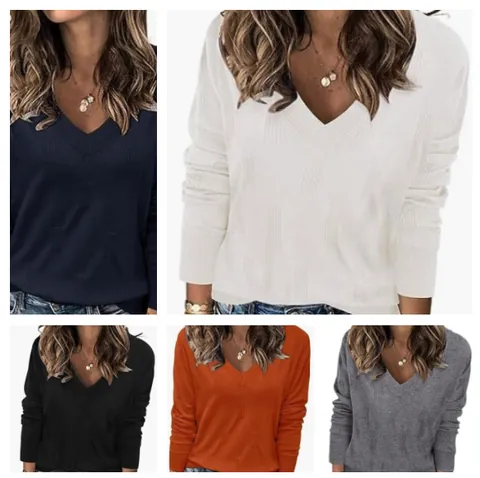Women V-Neck Long Sleeve Pullover Sweater Viscose Ribbed Knit Casual Elegant Jumper Top For Autumn Winter Solid Color