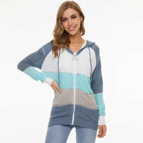Women Plus Size Striped Hooded Knit Cardigan Long Sleeve Zipper Distressed Hollow Out Acrylic Sweater Coat Outerwear Casual