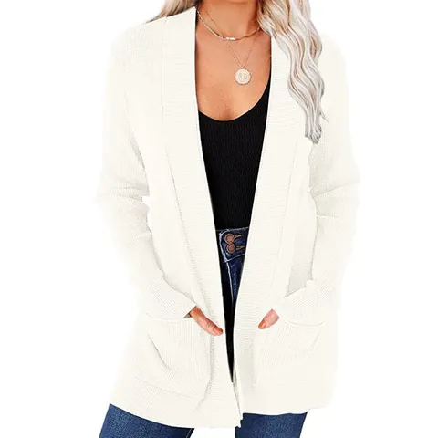 Dames Acryl Gebreid Vest Effen Kleur Open Voorkant Trui Met Zakken Halflang Casual Lange Mouw Top
