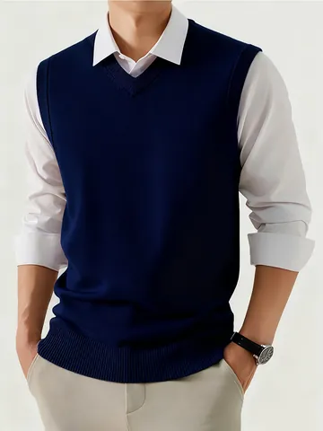 Men Wool Sweater Vest Classic V-Neck Sleeveless Knitwear Solid Color Business Casual Top Pullover Knit Vest For Autumn Winter