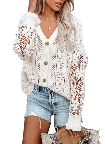 Women V Neck Hollow Lace Crochet Knit Cardigan Loose Long Sleeve Button Down Sweater Top