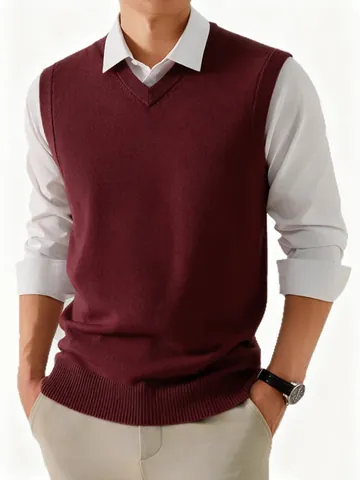 Men Wool Sweater Vest Classic V-Neck Sleeveless Knitwear Solid Color Business Casual Top Pullover Knit Vest For Autumn Winter