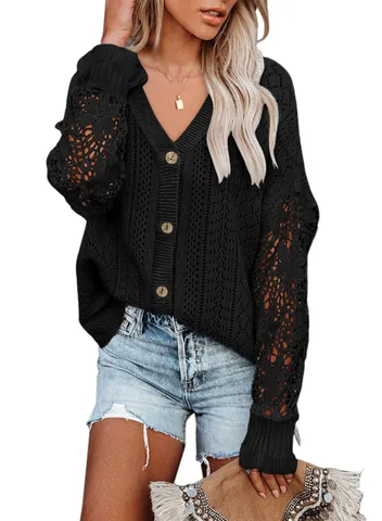 Women V Neck Hollow Lace Crochet Knit Cardigan Loose Long Sleeve Button Down Sweater Top