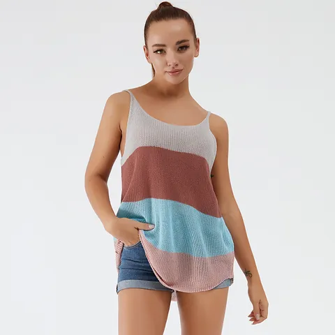Women Summer Casual Knitted Camisole Round Neck Sheer Patchwork Tank Top Loose Mid-Length Knit Vest Top For Vacation