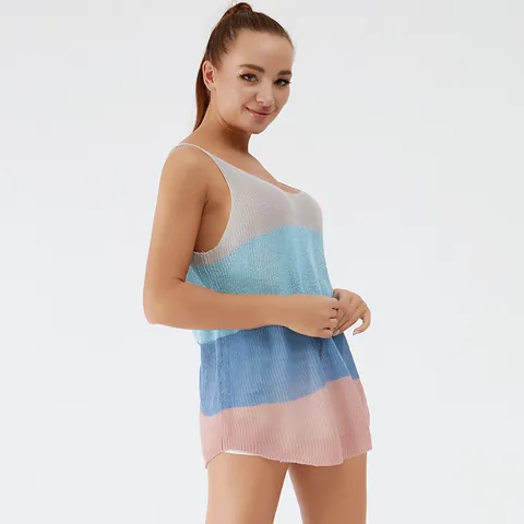Women Summer Casual Knitted Camisole Round Neck Sheer Patchwork Tank Top Loose Mid-Length Knit Vest Top For Vacation