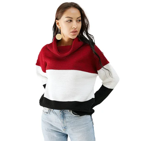 Suéter de Punto de Cuello Alto de Gran Tamaño para Mujer Bloque de Color Algodón Patchwork Manga Larga Pullover Invierno Casual Streetwear