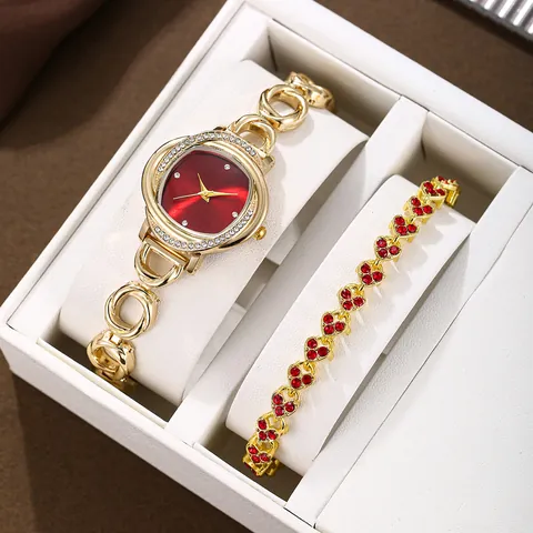 Women's Fashion Rhinestone Quartz Watch Heart Bracelet Set Gold Alloy Chain Strap Korean Style Analog Wristwatch Jewelry Gift