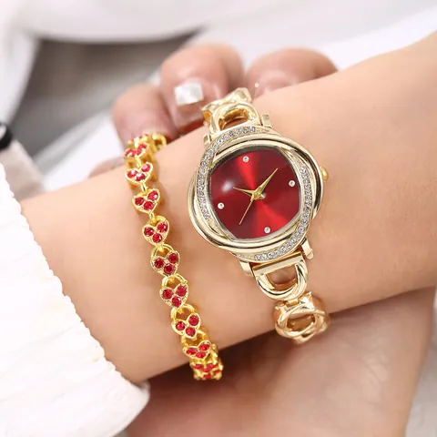 Women's Fashion Rhinestone Quartz Watch Heart Bracelet Set Gold Alloy Chain Strap Korean Style Analog Wristwatch Jewelry Gift