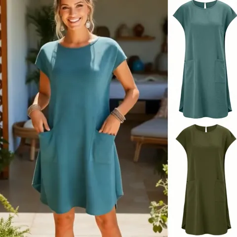 Dames Casual Losse Effen Kleur Ronde Hals Korte Mouw Ijszijde Crepe Top Middellange Blouse Met Zakken Zomerkleding