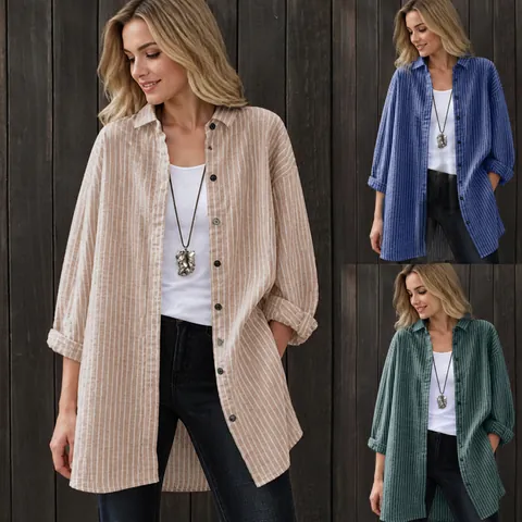 Damen Retro Gestreift Baumwollmischung Hemd Mittellang Casual Locker Langarm Knopfleiste Bluse Top Literarische Mode