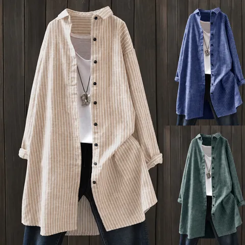 Camicia da Donna in Misto Cotone a Righe Retro Lunghezza Media Casual Larga Manica Lunga Blusa con Bottoni Top Moda Letteraria