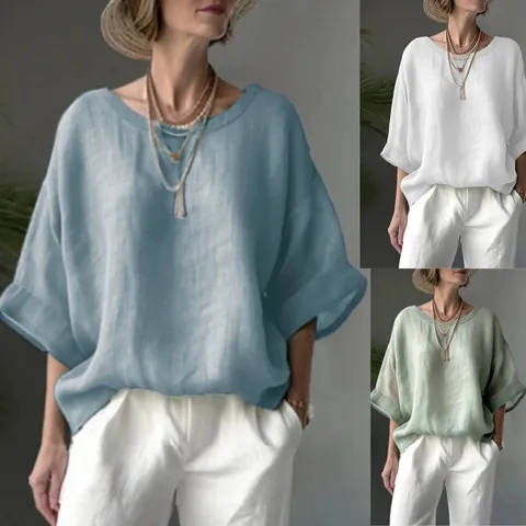 Women Casual Linen Shirt Round Neck Drop Shoulder Loose Blouse Solid Color Short Sleeve Woven Summer Top For Plus Size Women