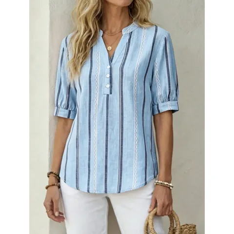 Women Plus Size Summer Striped Print T-Shirt Loose Casual V-Neck Short Sleeve Commuter Polyester Top