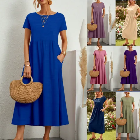 Abito Maxi da Donna Casual Girocollo Manica Corta Tinta Unita Vita Alta Arricciato Linea A Abito Lungo Con Tasche