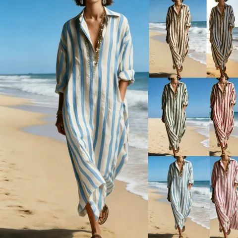 Women Striped V-Neck Loose Maxi Dress Elegant Casual Polyester Long Sleeve Shirt Dress With Pockets For Holiday Party