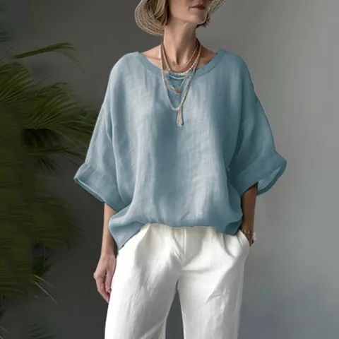 Women Casual Linen Shirt Round Neck Drop Shoulder Loose Blouse Solid Color Short Sleeve Woven Summer Top For Plus Size Women