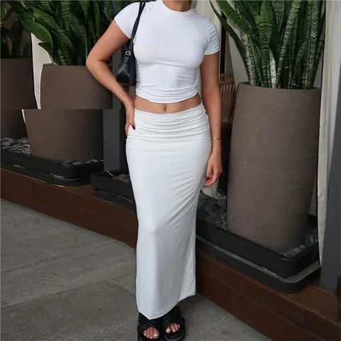 Damen Sommer Lässig Zweiteiler Rock Set Kurzarm Crop Top Und Hohe Taille Körperbetont Maxirock Einfarbig Gestrickte Outfits