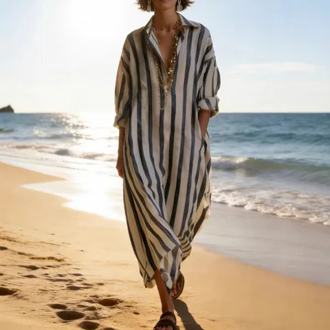 Women Striped V-Neck Loose Maxi Dress Elegant Casual Polyester Long Sleeve Shirt Dress With Pockets For Holiday Party