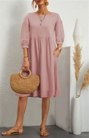 Women Cotton Linen Lantern Sleeve Midi Dress Solid Color Loose Fit Pleated Casual Dress With Pockets