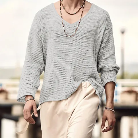 Vintage Men V-Neck Long Sleeve Hollow-Out Knit Top Retro Solid Color Loose Fit Casual Knitwear Pullover Sweater For Men