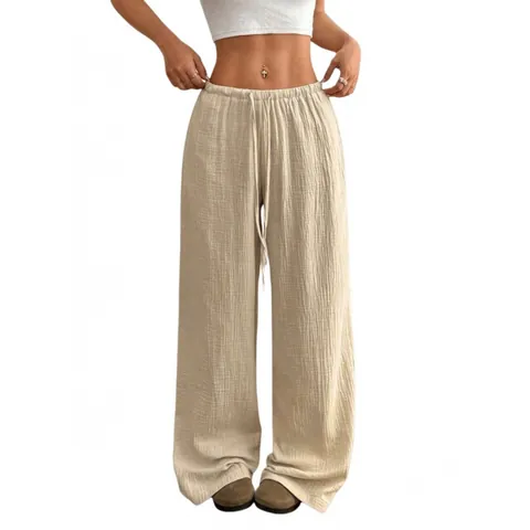 Women Casual Cotton Linen Wide Leg Pants High Waist Drawstring Loose Straight Long Trousers Crinkled Solid Relaxed Bottoms