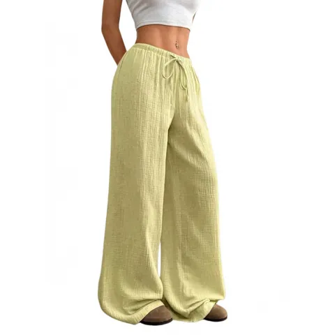 Women Casual Cotton Linen Wide Leg Pants High Waist Drawstring Loose Straight Long Trousers Crinkled Solid Relaxed Bottoms