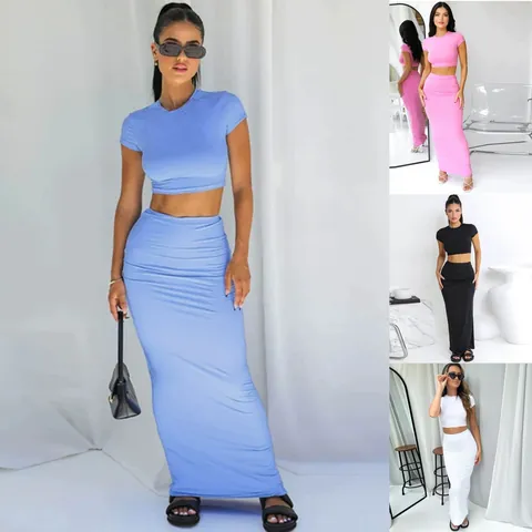 Damen Sommer Lässig Zweiteiler Rock Set Kurzarm Crop Top Und Hohe Taille Körperbetont Maxirock Einfarbig Gestrickte Outfits