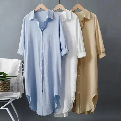 Chemise Blanche en Coton et Lin Décontractée pour Femmes Blouse Longue à Manches Longues Coupe Large Style Vintage Couleur Unie