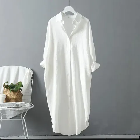 Chemise Blanche en Coton et Lin Décontractée pour Femmes Blouse Longue à Manches Longues Coupe Large Style Vintage Couleur Unie