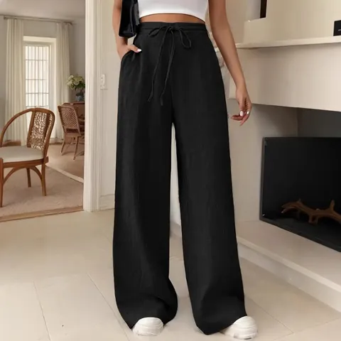 Women's High Waist Wide Leg Pants Loose Fit Casual Drawstring Trousers Solid Color Drape Pocket Sweatpants Comfortable Streetwear