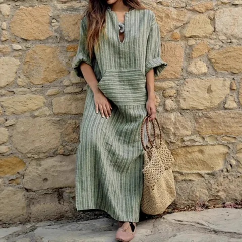 Damen Casual Baumwolle Leinen Gestreiftes Maxikleid V-Ausschnitt Langarm Lockeres A-Linien Kleid Mit Taschen Boho Stil Mode Kleid