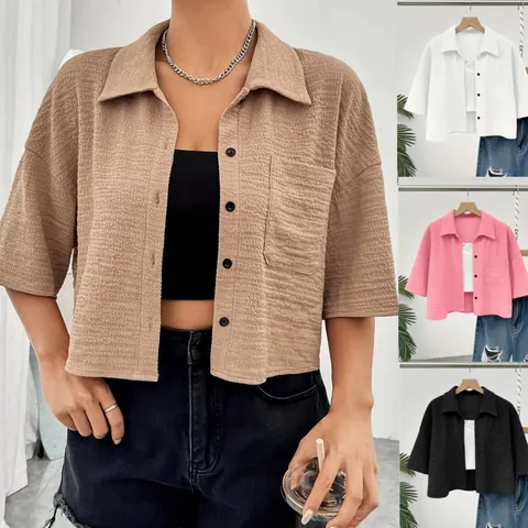 Women's Cropped Textured Shirt Short Sleeve Button Down Blouse With Pocket Turn-Down Collar Casual Loose Top Solid Color