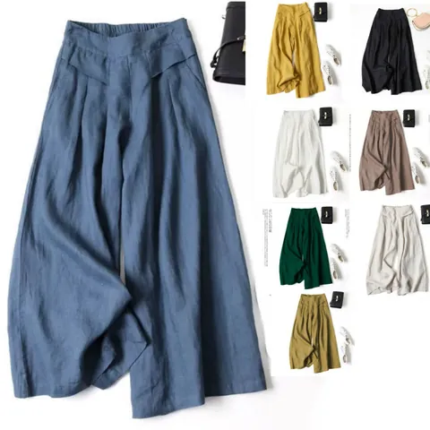 Women Retro High Waist Cotton Linen Wide Leg Culottes Loose Drapey Semi Elastic Waist Nine Point Skirt Pants Trousers