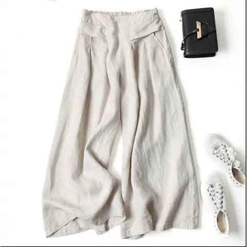 Women Retro High Waist Cotton Linen Wide Leg Culottes Loose Drapey Semi Elastic Waist Nine Point Skirt Pants Trousers
